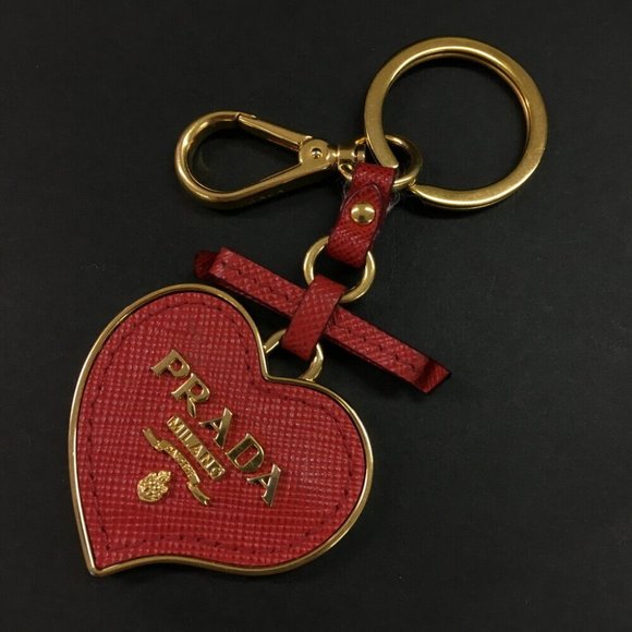 PRADA Heart Logo Ribbon saffiano leather Gold Tone Key Holder Bag Charm - Picture 1 of 3